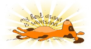 Funny illustration with cartoon red dog doing savasana position of yoga.